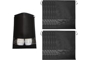 Jortmrd 12 Stück Schuhbeutel Reise Schuhtasche mit Kordelzug und Transparentes Fenster Schuhsack Wasserdicht Shoe Bag Travel Stoffbeutel für Schuhe Kleidung Männer Frauen (Schwarz)