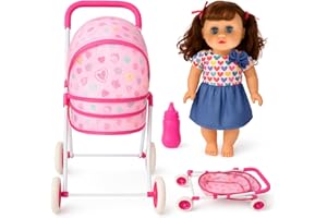 Toyana Baby Dolls Pram - 11 Inch Realistic Lifelike Musical Doll with Foldable Stroller Buggy, Pretend Play Doll Activity Playset, Imaginative Role Play Gift Set for Girls 3+ Years