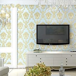 FFSHE Papier Peint, raffiné Auto-adhésif Papier Peint Damas Dortoir Magasin de Meubles Rénové Auto-adhésif Papier Peint Chambre à Coucher Salon télévision Fond d'écran Papier Peint-Lightblue