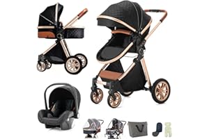 BEBBY Poussette 3 en 1, Poussettes Combinée Portable Pliant en Un Clic，Poussettes Citadines Avec Siège Auto, Poussette Canne Paysage Haut Cadre en Aluminium Pour Nouveau-né (Black)