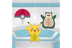 Amscan Pokémon 9917119 Lot de 3 décorations à suspendre en nid d'abeille pour fête d'anniversaire d'enfant Pokeball Pikachu