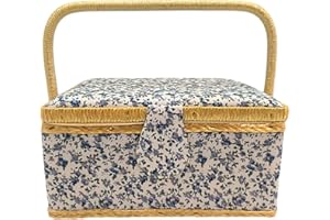 JYC CREATIVE Large Wooden Sewing Box, Fabric Lined Sewing Box with 8 Compartments, Organizer with Pin, Storage Box with Handle and Tray, (Light Blue Flower, Small)