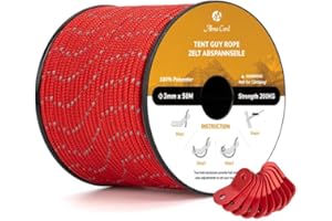 Abma Cord Tent Guy Ropes 3mm 50M Guy Line 10 Pcs Guy Rope Tensioners Heavy Duty Guide Rope for Camping, Gazebos, Awning, Tarp - Reflective Red