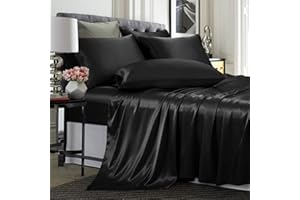 TREELY 6-teiliges Satin-Bettlaken-Set in Queen-Size-Größe, seidig glatt, schwarzes Satin-Bettlaken, Satin-Spannbetttuch, Bettlaken, 4 Satin-Kissenbezüge