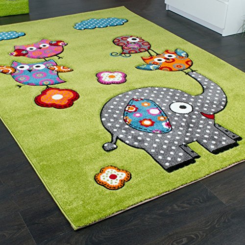 Kinderzimmer Teppich Niedliche Bunte Tierwelt Eule Elefant in Grün Blau Grau Rot, Grösse:80×150 cm - 2