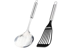 TENTA TENTA KITCHEN Stainless Steel Cooking Skimmers and Flexible Fish Turner Spatula, Spider Strainer Skimmer Ladle, Spatula for Fish/Egg/Meat/Dumpling Frying(2pcs)