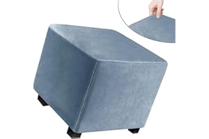 RAPRAP Stretch Ottoman Covers for Square Footstool, Dustproof Removable Stool Covers, Velvet Footstool Protector with Elastic Bottom, Soft Comfortable Machine Washable Square Ottoman Slipcover,Blue-M