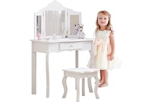 JOOLI Girls Dressing Table with Mirror and Stool, Kids Wooden Vanity Table with Drawer and 3 Foldable Mirrors, Children's Makeup Desk for Age 3-12, White