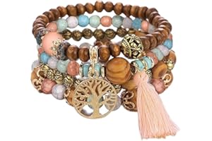 LICHUANUK Bransoletka boho z drewnianymi koralikami, bransoletka czakra dla kobiet, naturalne kryształowe kamienie lecznicze, bransoletka dla kobiet, drzewo życia, charms