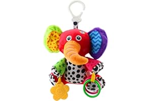 WolinTek Babyspielzeug für 0, 3, 6, 9, 12 Monate,Kleinkindspielzeug Plüschrassel mit Musik, Baby Rasseln mit Beißringen zum Beißen,Kinderwagen Auto Spielzeug für Kleinkinder (Elefant)