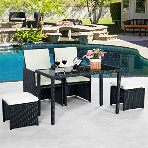 5tlg Gartenmöbel Polyrattan Lounge Set Esstisch Set Rattanmöbel Gartensitzgruppe Essgruppe Gartengarnitur Gartenset Tisch Stühlen Hocker Garnitur inkl. Kissen