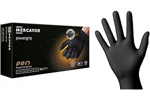 MERCATOR MEDICAL Powergip® Guantes de protección desechables de nitrilo sin polvo, sin látex, textura de diamante gruesa, 2,5x negro, talla M a XXL