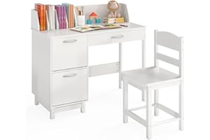 GYMAX Kids Desk and Chair Set, Wooden Children Study Table with 2 Storage Cabinets, Drawer, Tabletop Bookshelf & Anti-Toppling Device, Toddler Writing Desk Set for Boys Girls (White)