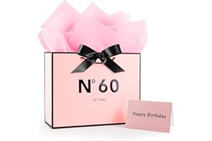 FUNCANDLE Women Pink 60th Birthday Gift Bag 13" with Card Bow Ribbon and Tissue Papers for Celebrating Women Mom 1965 Born Birthday Anniversary Present Paper Bags for Gifts Wrapping(EST.1965 60th)
