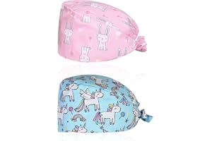 BEIBXHQQ 2 Pieces Dustproof Hats, Gourd Hats, Printed Turban Hats, Adjustable Cotton Hoods, Cute Hats, Surgical Hoods, Suitable for Hospitals, Hotels, Home Cleaning (Blue + Pink)