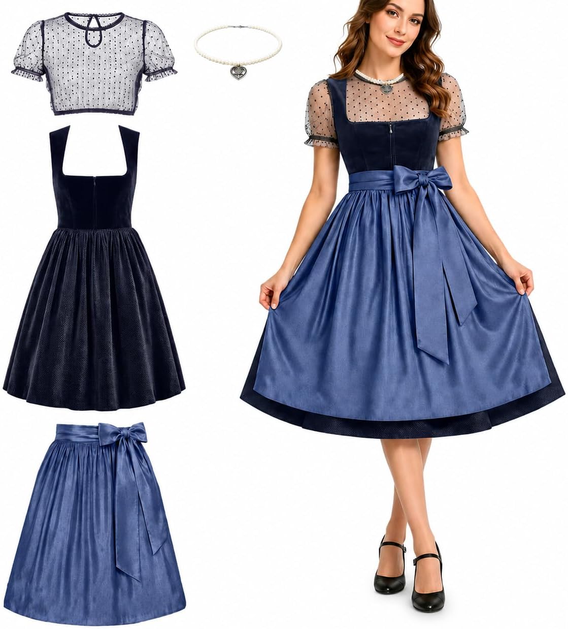 Verarbeitung & Materialqualität : DRALOFAO Dirndl Damen 4 Teiliges Dirndelkleid