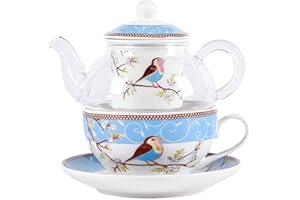 YBKTEX YBK Tech Teiera in vetro con infusore in porcellana, set di tazze e piattino, teiera e tazza da tè per una (blu)