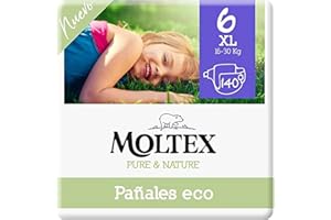 Moltex Pure & Nature Ökologische Windeln, Größe 6 (17-28 kg), 140 Windeln (4 Beutel à 35 Stück), weiß mit gedrucktem Design