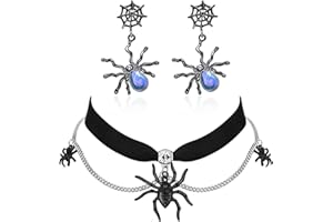 TempBeau Damen Choker Kette Punk : Layered Leder Halskette Ohrring Set mit Spinne Anhänger CosPlay Gothic Ketten für Frauen Schwarz Edelstahl Halsband Schmuck Outfit Haloween Party