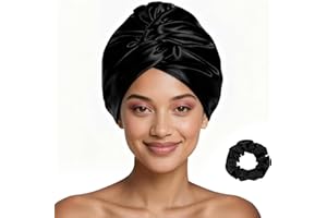 FOLAI Shower Cap For Women Silk Satin Hair Bonnet for Sleeping Caps For Reusable Waterproof Bonet Curly Sleep Large Bonets Cover Cute Night Blissy Protector,One Size (Black)