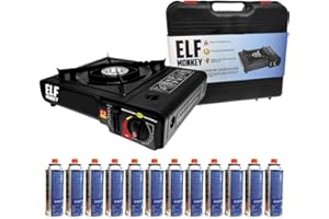 ELFMONKEY Hornillo de gas para acampada, incluye cartuchos de gas. Cocina de gas con maletín de transporte: con 12 cartuchos de gas