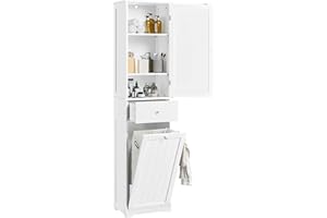 Yaheetech Armadietto da Bagno Indipendente con Cesto Mobiletto da Terra per la Biancheria Mobile da Bagno Alto con Armadietto e Ripiani Regolabili Bianco 45x30x180 cm