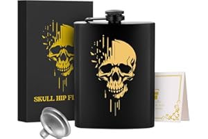 LKKCHER NOVELTY 1 fiaschetta in acciaio inox da 226,8 g, fiaschetta tascabile, con imbuto e biglietto di auguri, confezione regalo, con motivo teschio dorato, perfetta per campeggio, escursionismo e attività