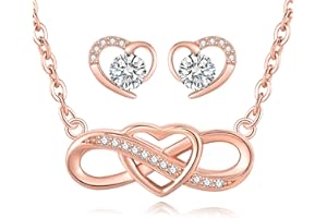 LYL.Adorer Juego de Joyas de Oro Rosa para Mujer, Collar y Pulsera Corazón Infinito, Pendientes Corazón con Cristal Swarovski, Plata de Ley 925, Regalo para Mujer Niña
