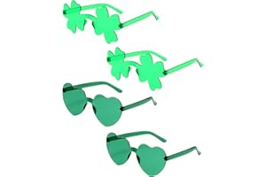 Aviski St Patricks Day Party Glasses, Green Shamrock Heart Shape Rimless Frameless Irish Eyeglasses, Saint Paddy Day Accesorries (2 Shamrock + 2 Heart)