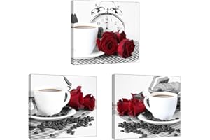 Piy Painting Tableau de Fleur Rose et Tasse à café Haute qualité Image Impression sur Toile Expression Prêt Suspendu Parfait pour Salle de Bain Chambre Décor Mural Cadeau Anniversaire 3x30x30cm chez