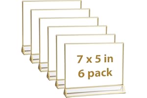 UNIQOOO Clear Acrylic Sign Holder with Golden Border | Pack of 6, 7x5 Inches, Double Side Frame, Landscape View, Perfect for Wedding Table Number Holder