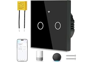 Ainiv Interrupteur WIFI Connecté, 2 Gangs Mural Interrupteur Tactile intelligent, avec Condensateur, Interrupteur Intelligent Compatible avec Tuya SmartLife Alexa Google Home, Noir
