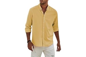 APOONABA Camisa Lino Hombre Manga Larga Color Sólido Shirts Casual Algodón Camisetas Elegante Coton Camisas con Botónes Regular Fit