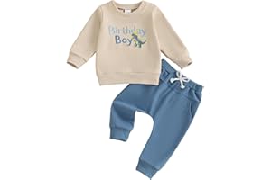 Carolilly Baby Boys Birthday Outfits Long Sleeve Sweatshirts Tops Pullover Dinosaur/Animal/Planet Embroidery with Sweatpants Sets 2Pcs Toddler Boys Tracksuits Birthday Gift