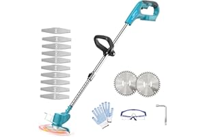 SQUAELTIRS Battery Grass Strimmer, Compatible with Makita 18V Battery, with 10x Metal Blades & 2x circular saws, 90° Head pivots,Retractable handle, for Lawn Edger Pruning Weed (No battery)