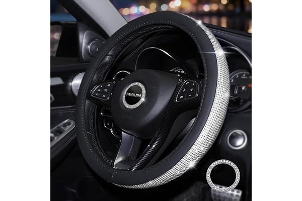 Pahajim Couvre Volant Universelle en Cristal, Housse Volant Voiture 38cm en Cuir avec Paillette Diamant Bling Strass pour Femmes Decoration Voiture (Noir-Blanc)