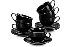 LOVECASA Serie Sweet Servizio da Caffè in Porcellana per 6 Persone, Set da 12, 6 Tazza da Cappuccino e 6 Piattini, 230 ML, Nero