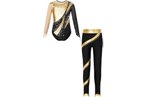 Runhomal Enfant Fille Justaucorps Gymnastique avec Legging de Sport Tenue Manche Longue Strass Brillant Collant Danse Pantalon 5-16 Ans