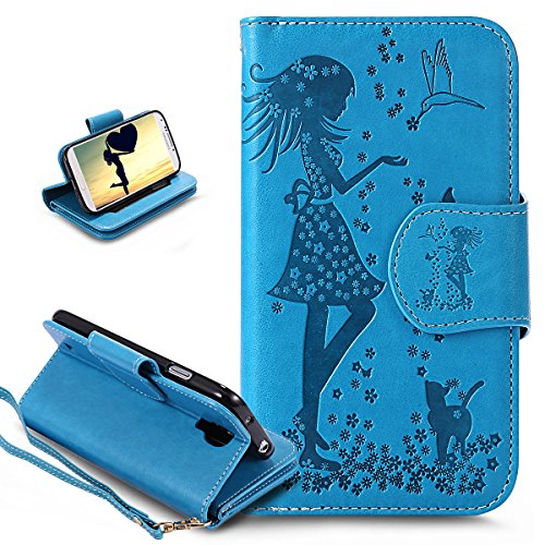 Galaxy S4 Hülle,Galaxy S4 Schutzhülle,Galaxy S4 Leder Hülle,ikasus® Prägung Floral Blumen Mädchen und Katze Vögel Muster PU Lederhülle Flip Hülle im Bookstyle Cover Schale Slim Fit Soft Silikon Magnetverschluss Schutzhülle PU Leder Hülle Flip Wallet Case Kunstleder Tasche Cover mit Standfunktion und Kartenfächer Tasche Wallet Case für Samsung Galaxy S4 i9500 - Mädchen und Katze:Blau