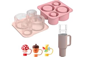 DAKLUNAR Eiswürfelform Silikon für Stanley Becher mit 3 Pcs Strohhalm Abdeckung für Stanley Cup Zubehör, 4 Fach Eiswürfelbehälter für Stanley Cup, Silikon Eiswürfelform mit Deckel für 30/40 Oz Becher (Rosa)