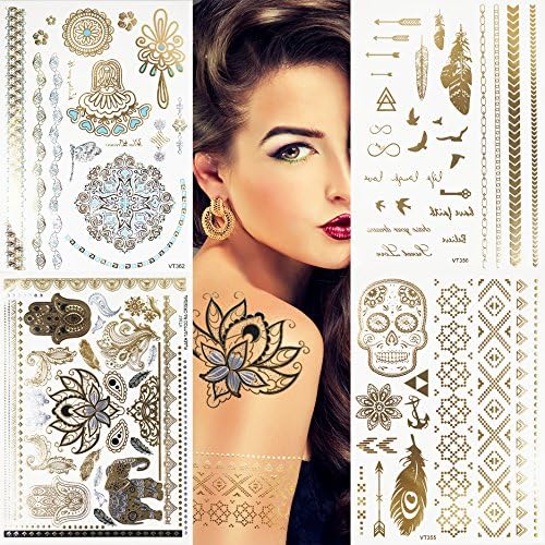 Metallic Temporary Tattoos 10 Sheets 150+ Flash Gold Metallic Tattoos Boho Tattoo Henna Tattoo Mandala Tattoo Fake Jewelry Tattoos waterproof Tattoo