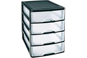 Acan Tradineur - Commode de bureau - Fabriqué en Espagne - 4 tiroirs transparents - Tour de rangement, armoire, salle de bain, bureau - 35 x 27 x 35,5 cm - Couleur noire - Modèle aléatoire