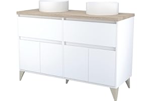 ARKITMOBEL Mueble de Baño con 4 Puertas y 2 Cajones, Modulo Lavabo, Modelo ONA, Acabado en Blanco Brillo y Roble Alaska, Medidas: 120 cm (Ancho) x 80 cm (Alto) x 46 cm (Fondo)