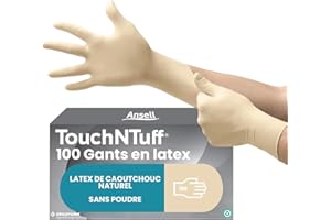 Ansell TouchNTuff 69-318 Gants Jetables en Latex, Fins et Non Poudrés, Doigts Renforcés et Adhérisés, Protection Multiusage, Alimentaire, Chimique et Mécanique, Blanc, Taille M (100 Gants)