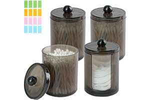 DIBALIYI 4PCS Plastic Cotton Bud Holder, Black Cotton Ball Holder with Lids, Round Cotton Pad Container with Sticker, Qtip Holder Dispenser for Bathroom Canisters Vanity Makeup