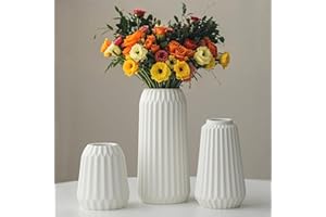 VIVIDFLOW Lot de 3 vases modernes en céramique nervurés - Couleurs pastel - Vases décoratifs pour salon (blanc B)