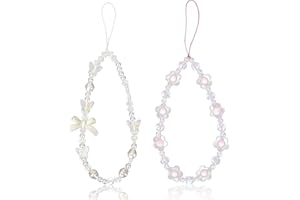 SAVITA 2szt Koralik Phone Charm, Krysztalowa Perla z Kwiatem Motyla Telefon Zroszony Pasek na Nadgarstek Bransoletka na Telefon Smycz dla Kobiet Zawieszka do Breloka do Telefonu (Bialy, Fioletowy)