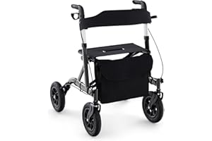 FANTASK Rollator mit Sitz für Senioren, Rollatoren Aluminium 6-fach höhenverstellbar, faltbar und leichtgewicht Laufhilfe mit Luftbereifung, 2 in 1 Rollstuhl & Reiserollator bis 136kg (Schwarz)