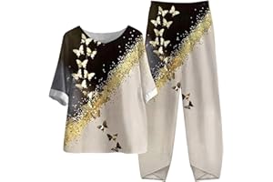 SUSENSTONE Ensemble de Vêtements 2 Pièces Femme Coton et Lin Chic Elegante D'été Imprimé T-Shirt Manches 3/4 + Pantalon Large Party D'Intérieur Jogging Lâche Respirant Tops + Pantalon 2 Piece Suit