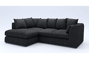 GAMZO OUTLET New Gamzo Fabric Corner Sofa Silver | Soft Jumbo Cord 3-4 Seater Corner Sofa Left/Right Hand Facing) (Black, Left Hand Facing)